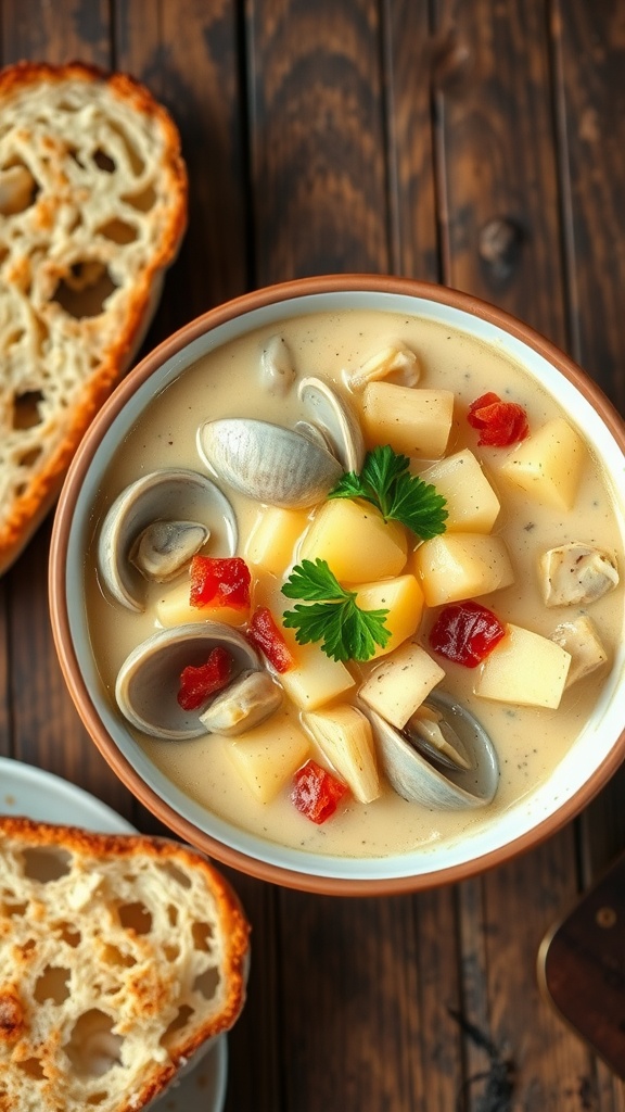 A bowl of creamy clam chowder with clams, potatoes, and bacon, garnished with parsley, alongside bread on a wooden table.